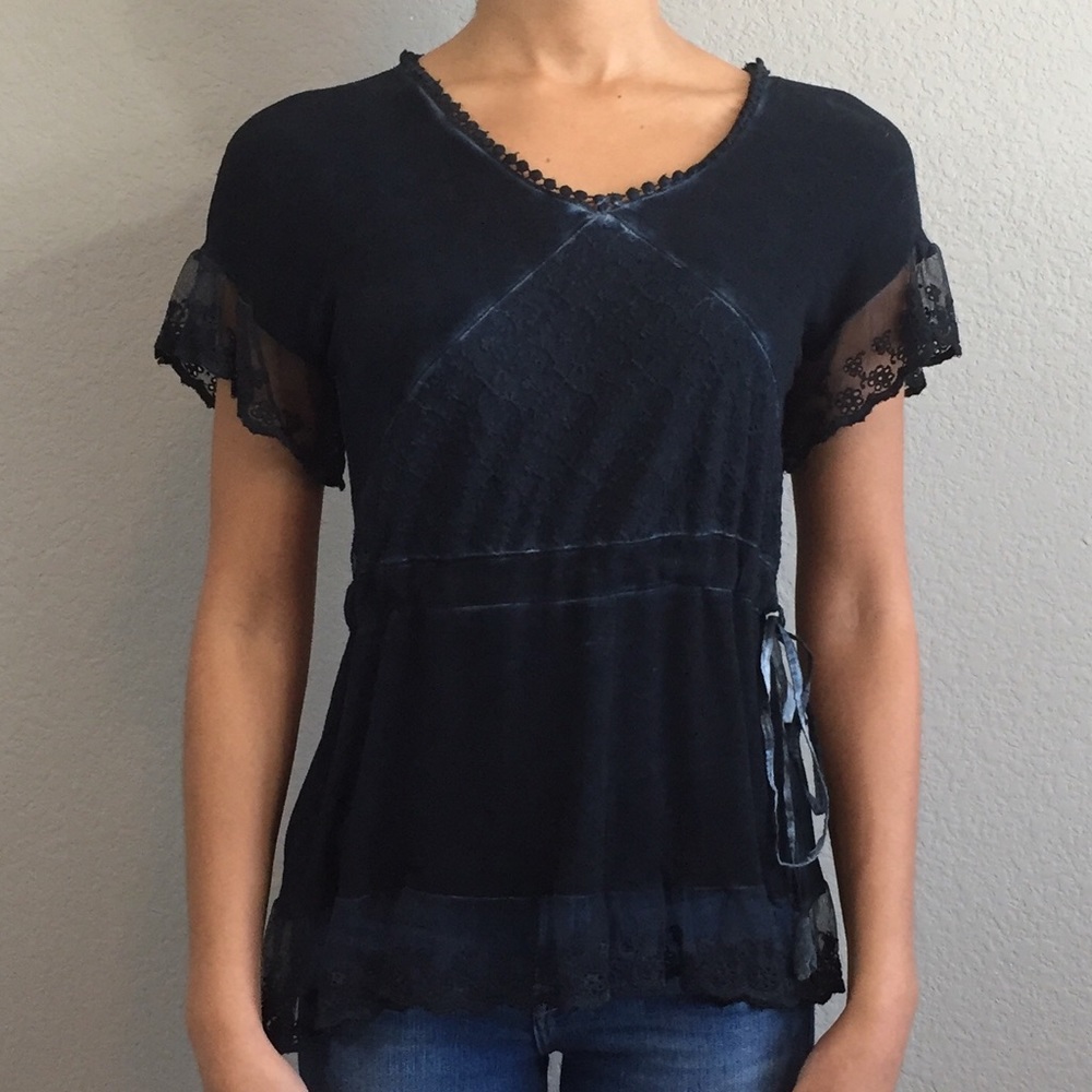 Sacred Threads Denim Wash Lace Top with Drawstring